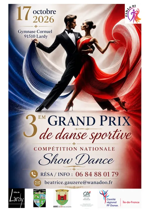 Affiche officielle du 3e Grand Prix de danse sportive, compétition nationale de danse / Showdance, le 17 octobre 2026 au Gymnase Cornuel de Lardy, avec les coordonnées de réservation
