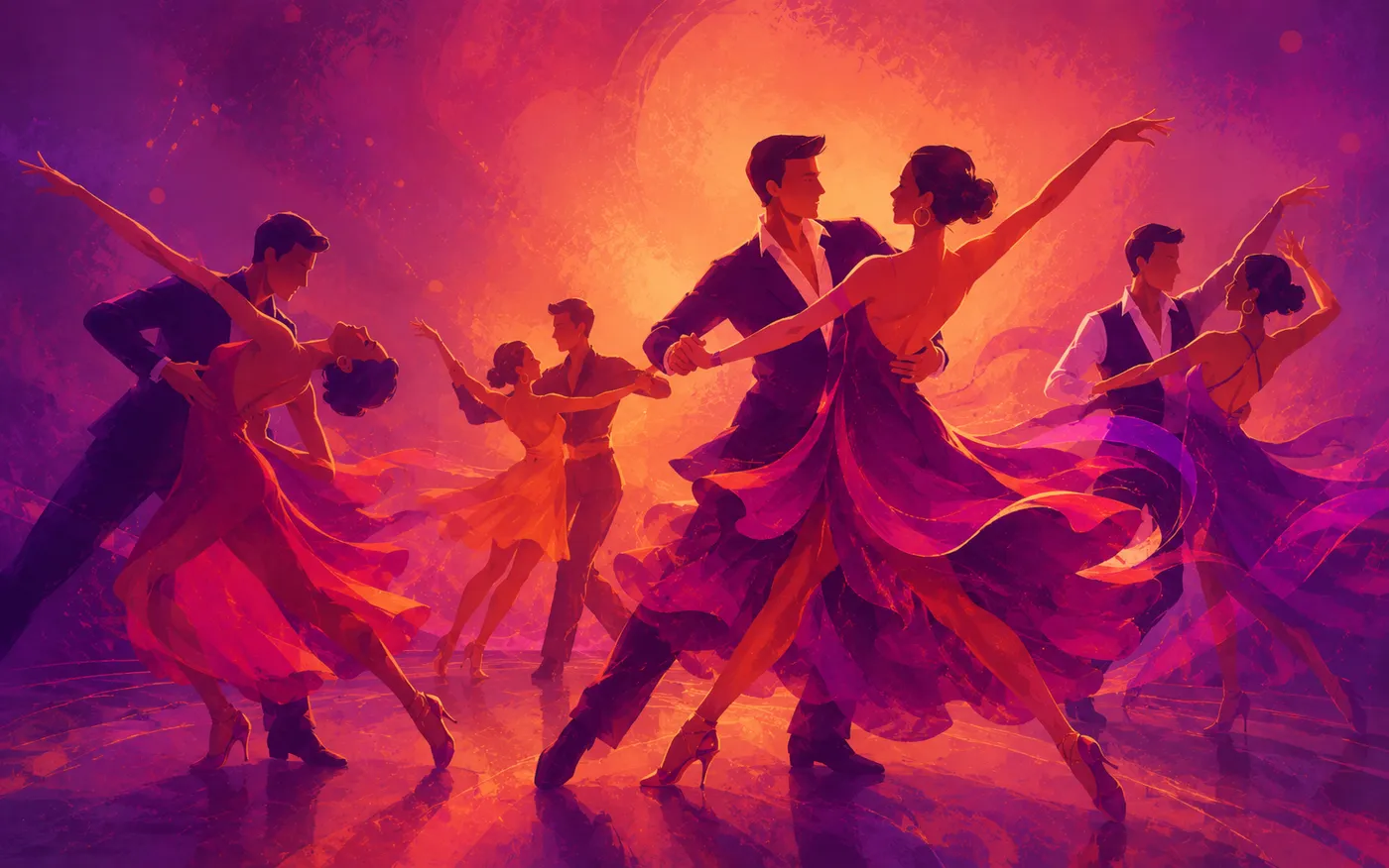 Plusieurs couples de danseurs en mouvement, ambiance chaleureuse