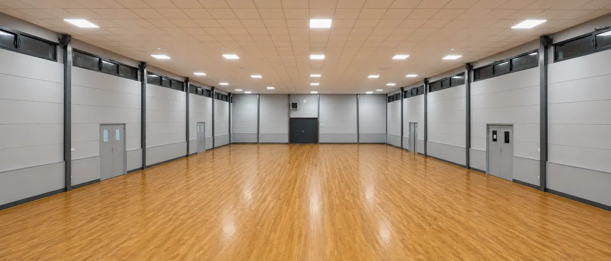 La salle communale Andrée-et-Marcel-Lefèvre à Janville-sur-Juine : vaste plancher de danse en parquet, murs clairs et rangées de plafonniers.