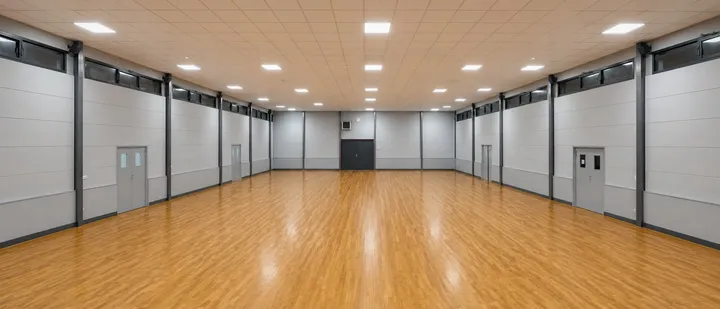 La salle communale Andrée-et-Marcel-Lefèvre à Janville-sur-Juine : vaste plancher de danse en parquet, murs clairs et rangées de plafonniers.