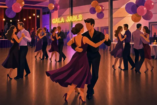 Soirée dansante du gala : des couples dansent dans une salle décorée de ballons violets, roses et orange, un couple au premier plan