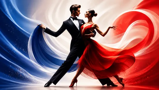 Couple de danseurs en tenue de compétition, robe rouge et smoking, sur un fond bleu-blanc-rouge