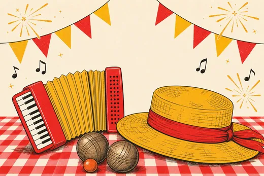 Illustration guinguette rétro : accordéon, canotier et boules de pétanque sur une nappe vichy rouge et blanche, fanions et notes de musique