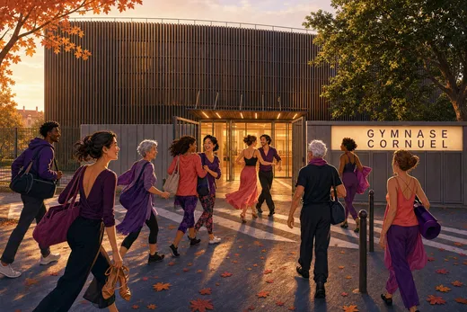 Illustration de la rentrée : des danseurs et danseuses de tous âges arrivent joyeusement au gymnase Cornuel, sacs de danse à l'épaule, sous une lumière dorée d'automne